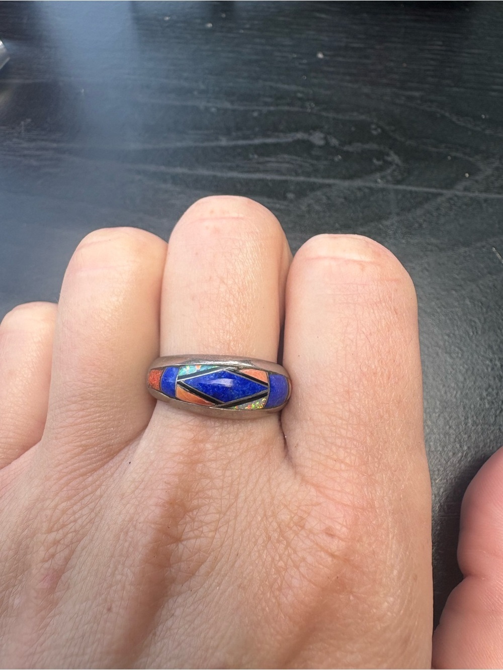P. Sanchez Sterling Silver Ring with Blue, Orange, Opal Stones - Size 8.5 - Picture 4 of 13
